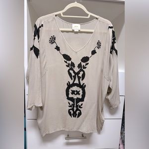 Athropologie 100% silk blouse with floral appliqué, size L